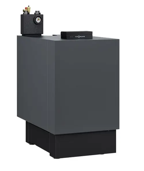 Viessmann Heizgerät in graphitgrauem Gehäuse mit Druckmanometer und Steuergerät auf der Oberseite, auf einem stabilen Sockel montiert.